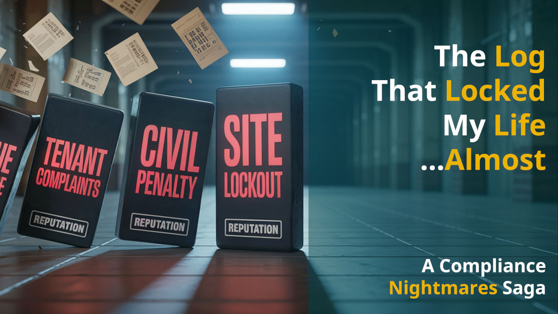 4 dominoes labelled with "Overdue maintenance", "Tenant complaints", "Civil penalty", "Site lockout" in an industrial area with papers flying in the background