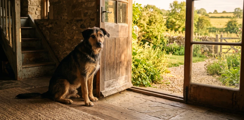 Dog sitting in open doorway of rustic stone cottage with English countryside garden in golden hour sunlight
