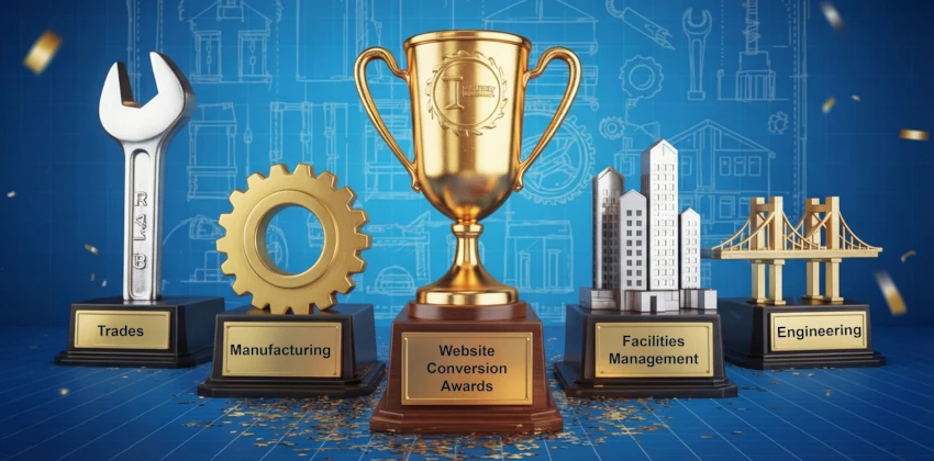 5 trophies being displayed, 4 industry-specific trophies and 1 website conversion awards trophy