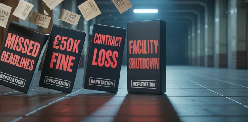 Falling dominoes labelled missed deadlines, £50K fines, contract loss and facility shutdown depicting compliance failure