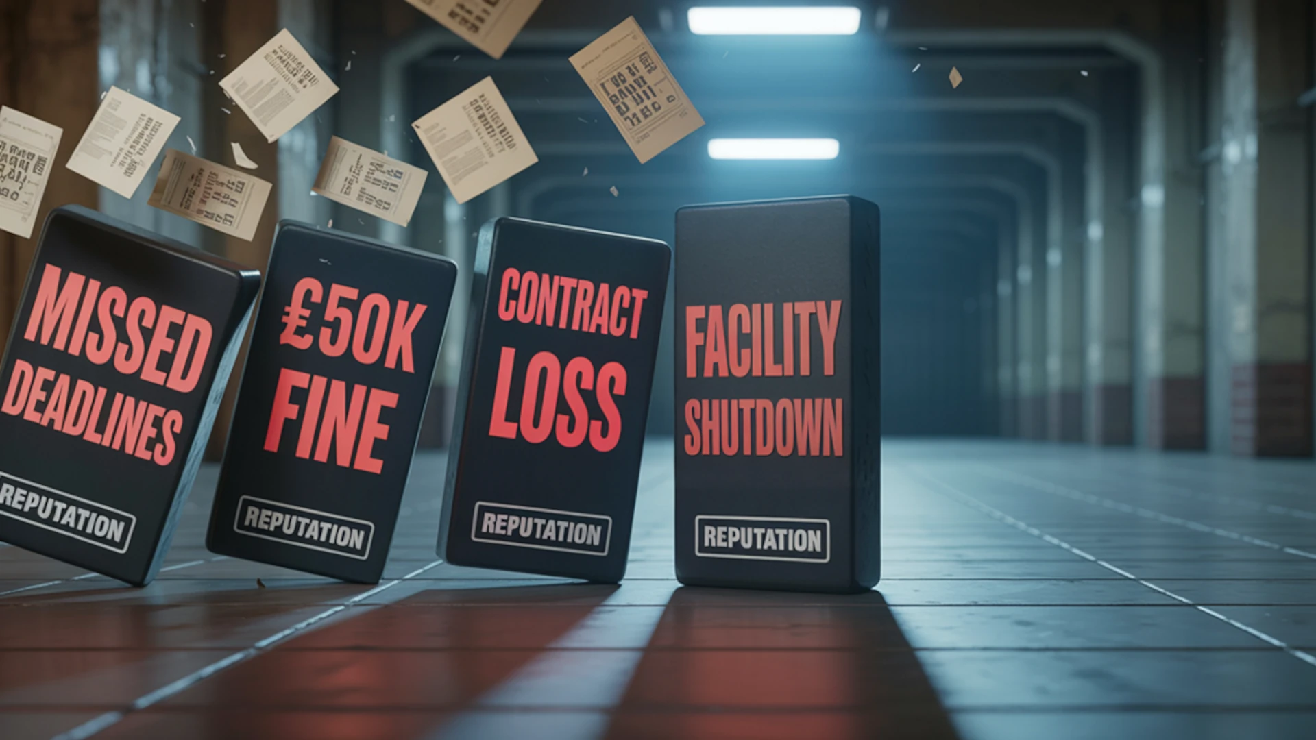 Falling dominoes labelled missed deadlines, £50K fines, contract loss and facility shutdown depicting compliance failure