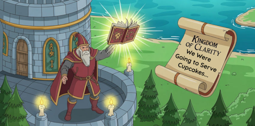 Magician in a red cloak holding a floating magic book on a watchtower with a scroll to the right labelled "Kingdom of Clarity"