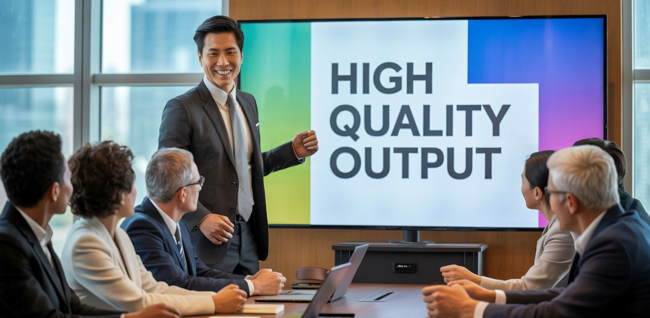 Asian man giving a presentation, with the words 'High Quality Output' being displayed on the slide