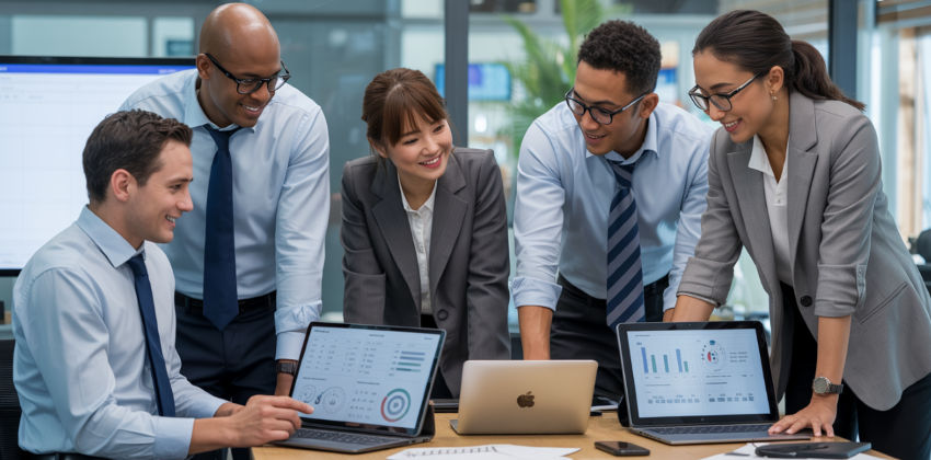 Diverse team of smiling professionals looking at servicie metrics