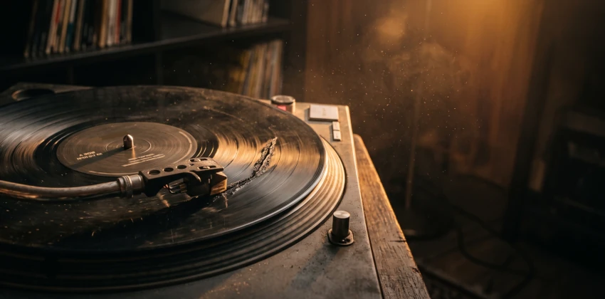 Dusty vinyl record spinning on a vintage turntable as golden light catches years of wear and a collection waits on the shelf behind it