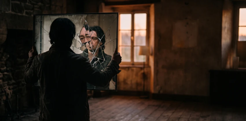 Man holding a broken mirror showing a fractured self-image, illustrating distorted self-perception and self-esteem