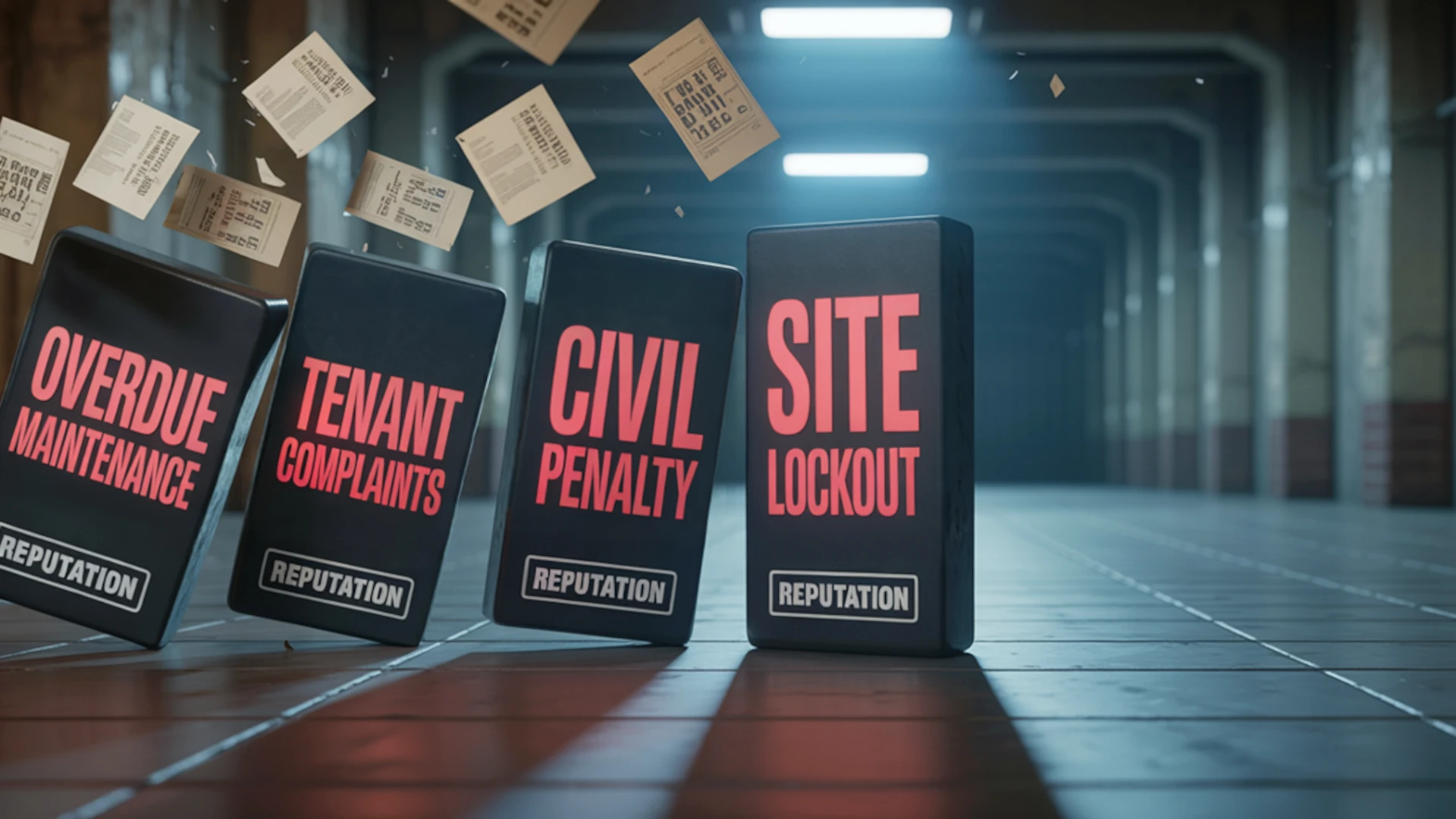 Falling dominoes labelled overdue maintenance, tenant complaints, civil penalty and site lockout in an industrial setting