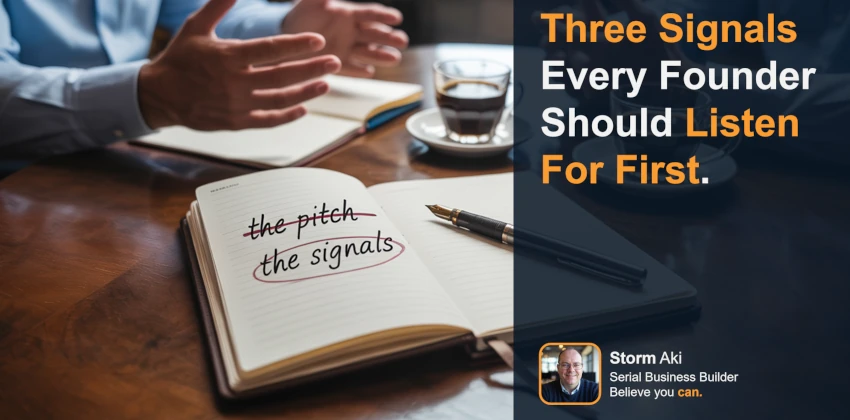 Two founders at a coffee table, with a notebook, striking out the phrase "the pitch" and circled the phrase "the signals"