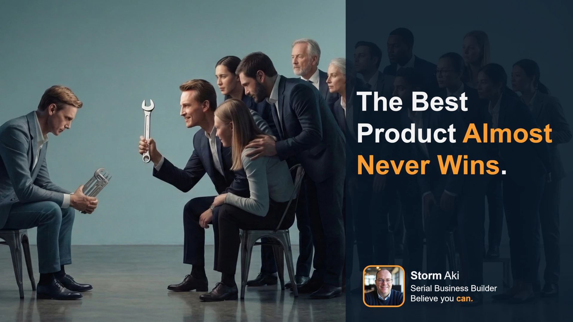 Business professionals competing with tools in a corporate setting with text overlay "The Best Product Almost Never Wins" by Storm Aki, Serial Business Builder