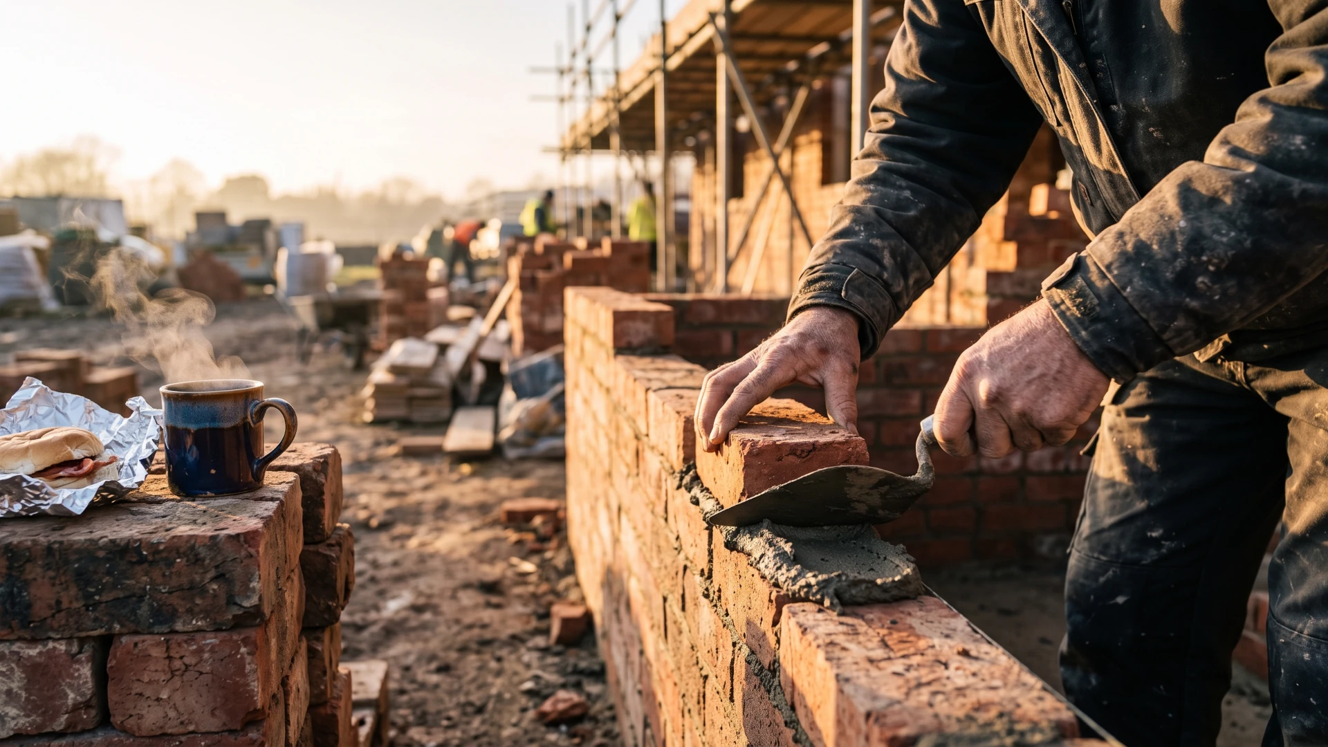 Weathered hands trowel mortar onto brick as a builder lays the next course, tea and a bacon roll waiting nearby - foundations laid right, brick by brick.