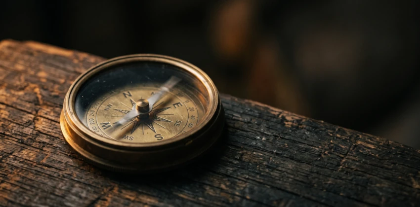 Vintage brass compass with glass cover resting on a weathered dark wood surface, needle pointing north with cardinal direction markings visible