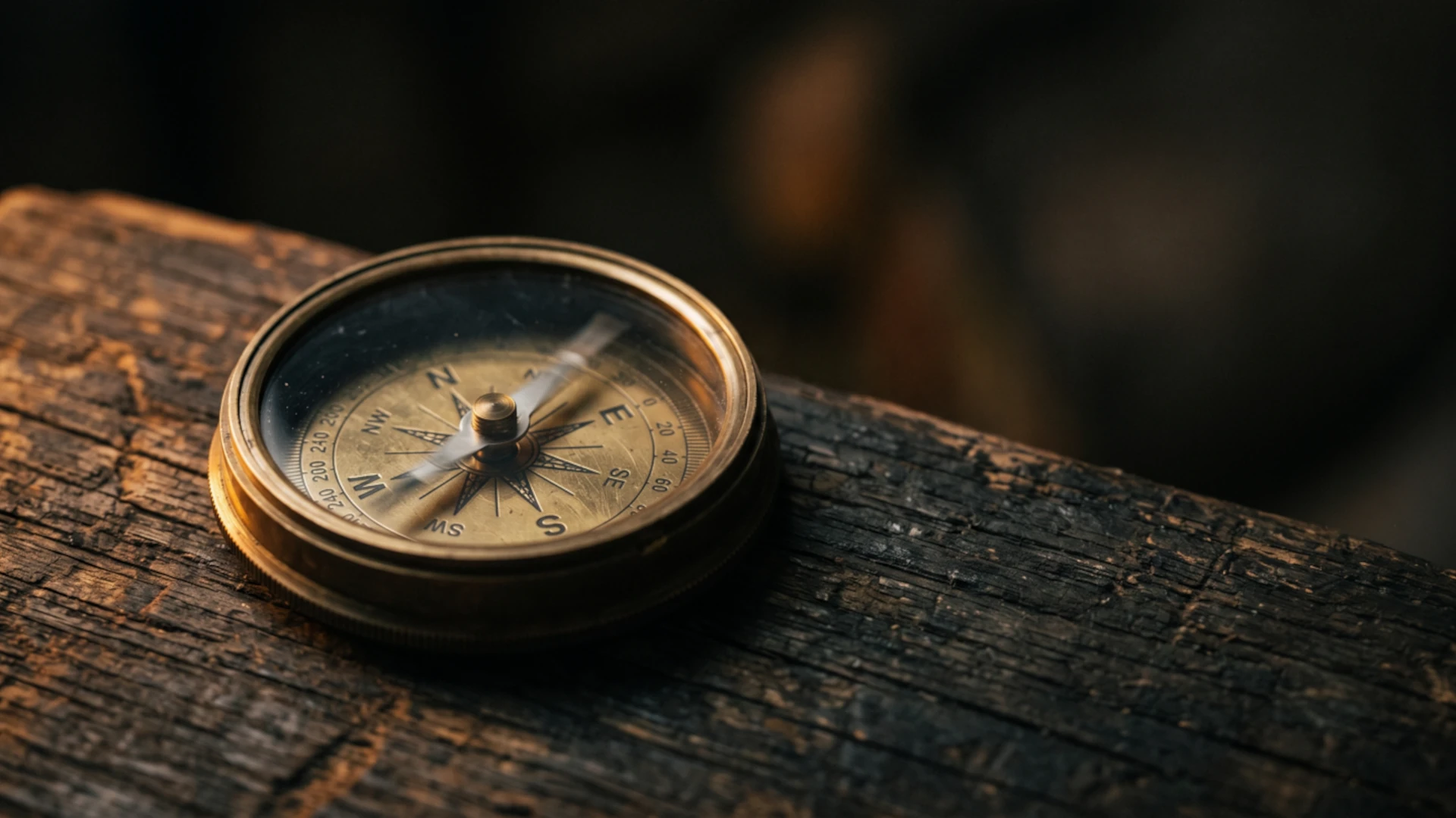 Vintage brass compass with glass cover resting on a weathered dark wood surface, needle pointing north with cardinal direction markings visible