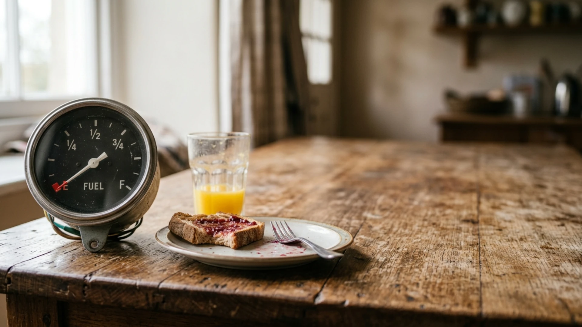 A vintage fuel gauge sits on a rustic kitchen table, needle resting on empty beside half-eaten jam on toast, breakfast on the edge of leadership burnout.