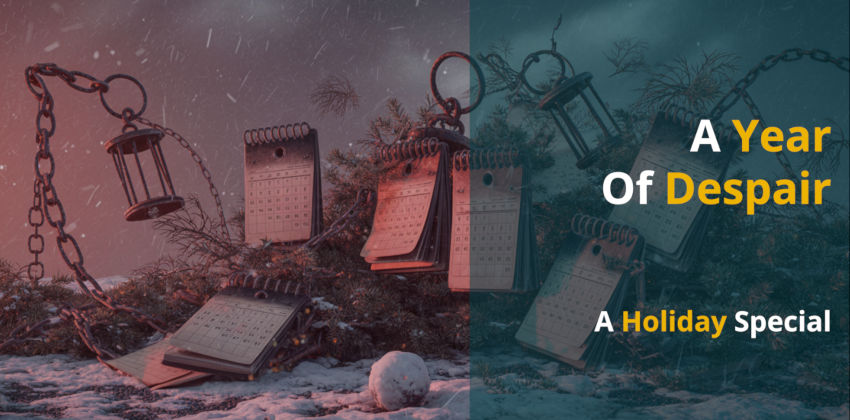 A broken down Christmas tree with calendars and chains around it