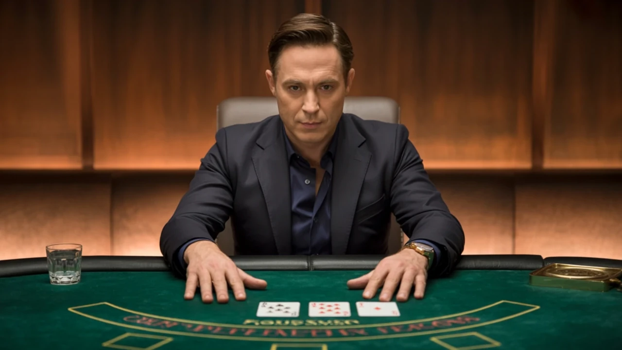 Business strategist at a poker table calculating risks – symbolising founder risk assessment and planning