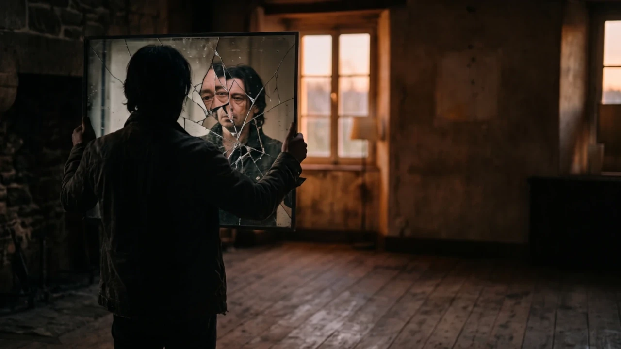 Man holding a broken mirror showing a fractured self-image, illustrating distorted self-perception and self-esteem