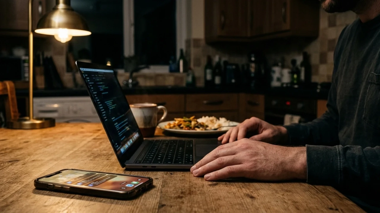 Founder facing the cost of a stalled launch at his kitchen table, phone propped against a laptop, both screens dim, an untouched dinner and mug beside them.