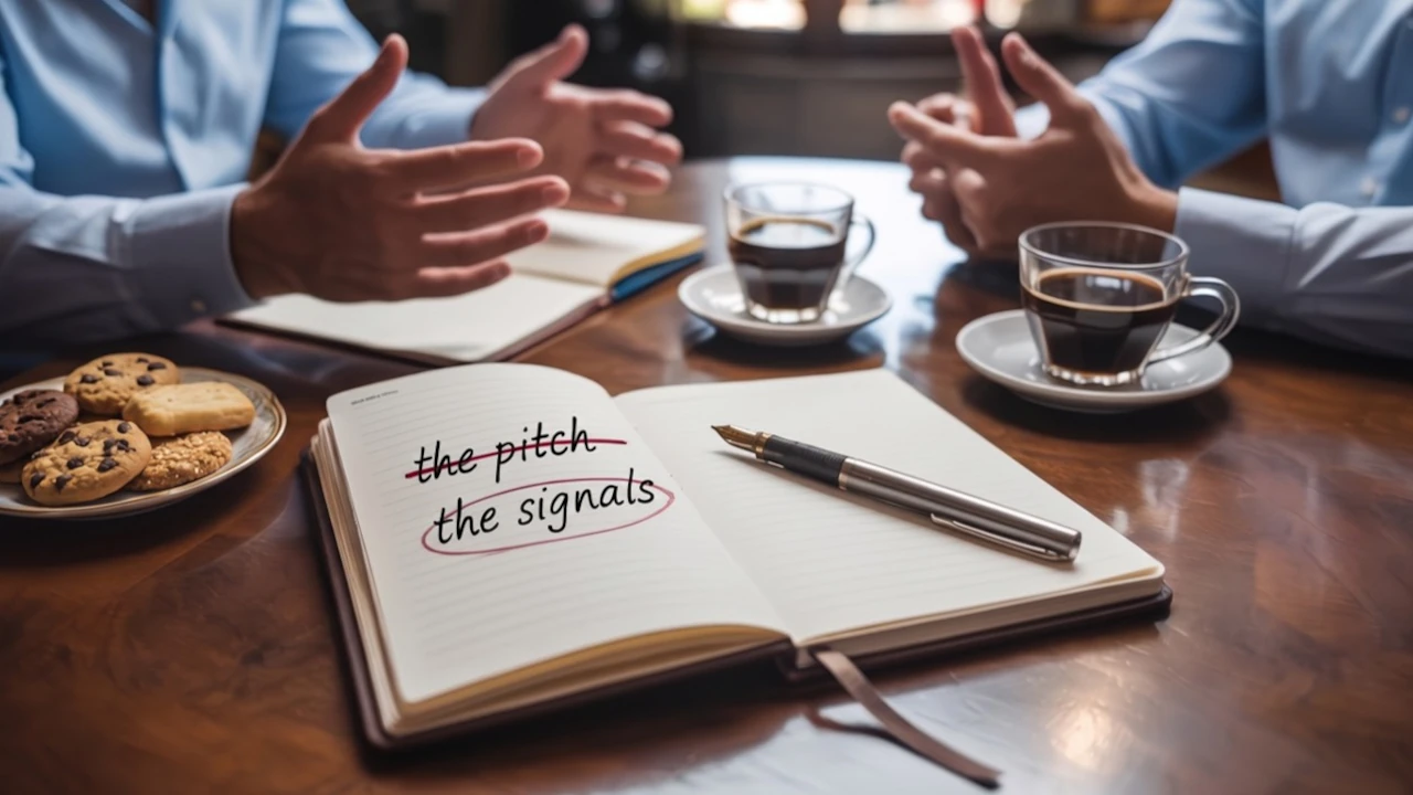 An open notebook reading "the pitch" struck through and "the signals" circled, beside biscuits and coffee, as two people talk across a first meeting table.