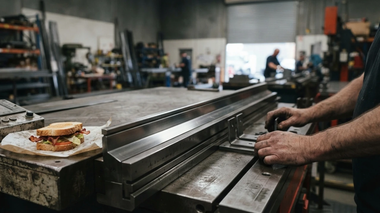 A press brake bed in a light manufacturing workshop, polished bright in 1 spot from forming the same part, a half-eaten BLT on the control ledge.
