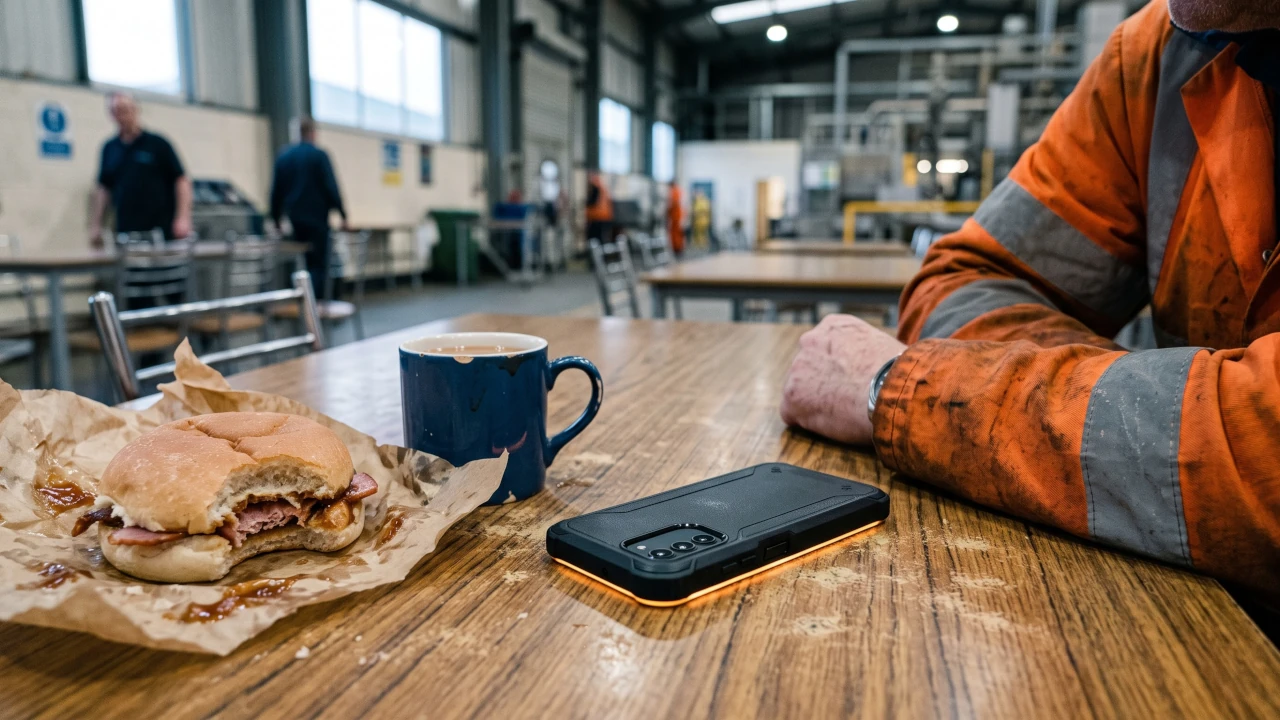 A smartphone lies face-down on a factory canteen table, its screen glowing faintly beneath it, beside a bacon roll with 2 bites gone and a hi-vis sleeve.