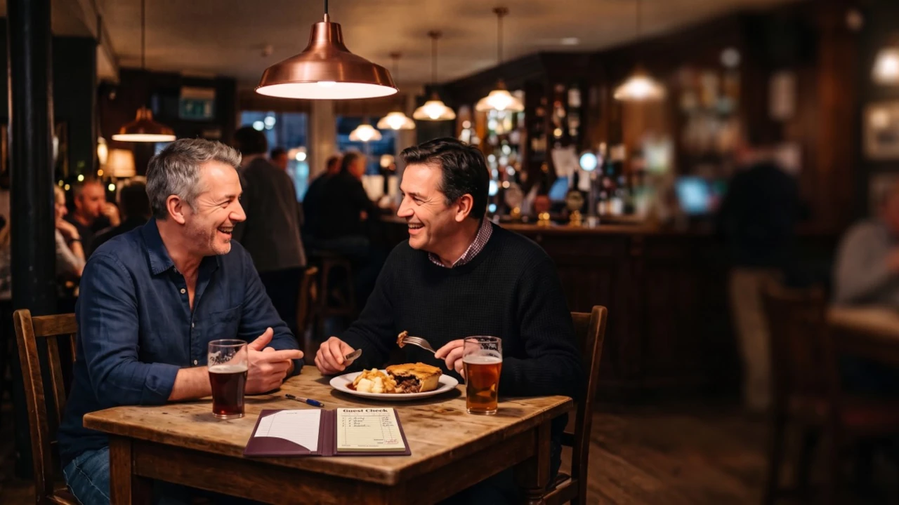 A pair of white plates sits diagonally on an oak bistro table, one piled with steak and ale pie, mash and gravy, the other holding a small scallop.