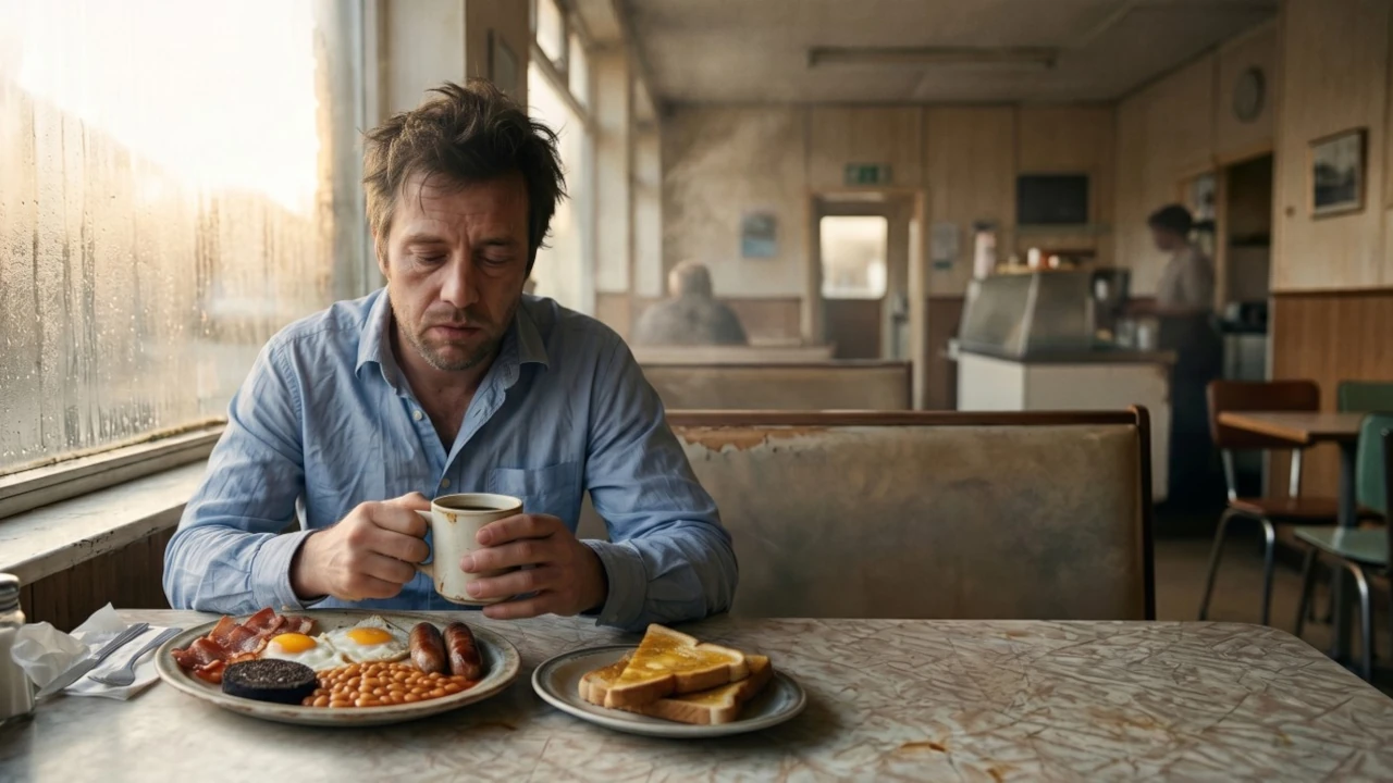 A tired, unshaven founder, eyes barely open, holds a mug of black coffee at an old café table at dawn, his full English breakfast barely touched.